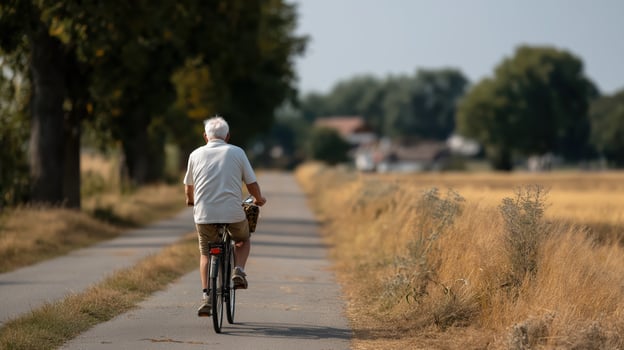 Elderly Man Cycling on Rural Road photo