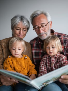 Grandmother and Grandfather Reading to Two Grandkids photo