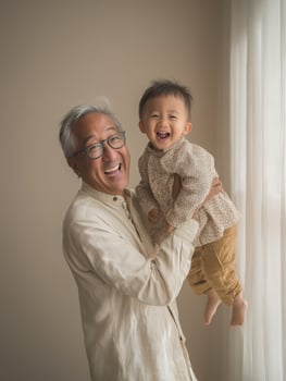Giggling Grandson Lifted by Smiling Grandfather photo