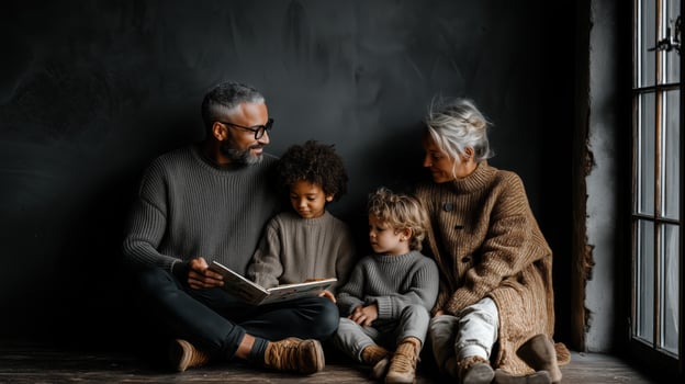 Grandparents Sharing Story Time with Two Kids photo