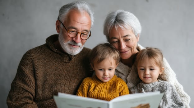 Elderly Couple Reading Storybook to Grandchildren photo