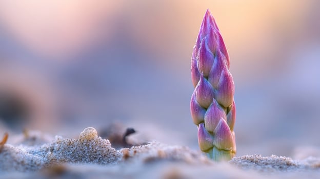 Delicate sprout emerging from sand at dawn photo