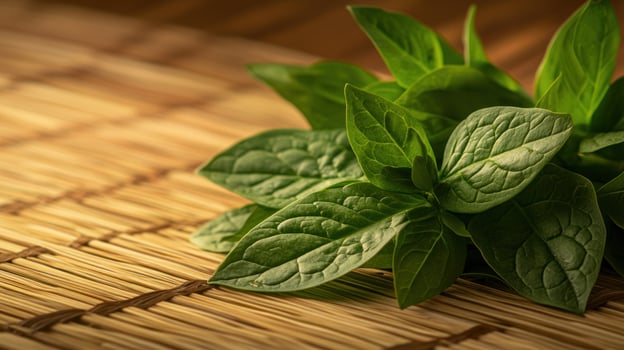 Fresh green leaves on a woven mat photo