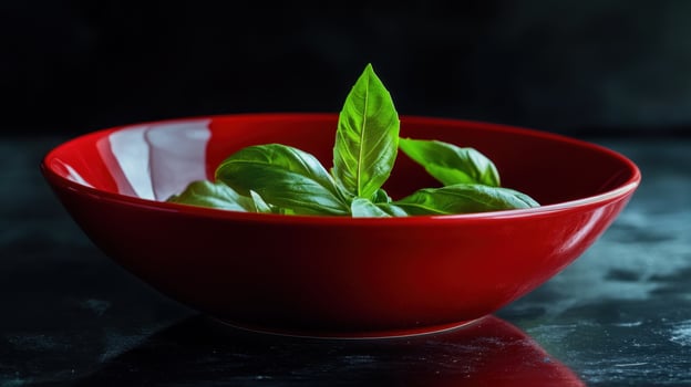 a red bowl with basil leaves in it photo