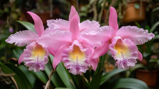 a group of pink flowers with yellow centers photo