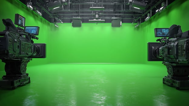 A large green screen studio with cameras and lighting equipment photo