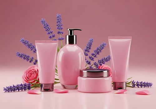 Cosmetic products with lavender and rose accents photo