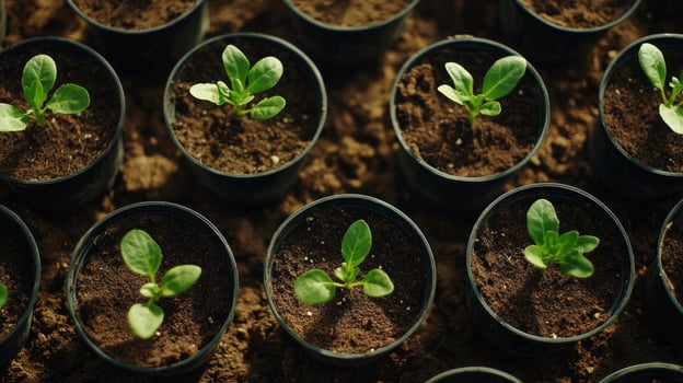 Young plants in small pots, arranged in rows photo