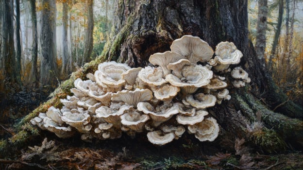 Clustered fungi on forest floor photo