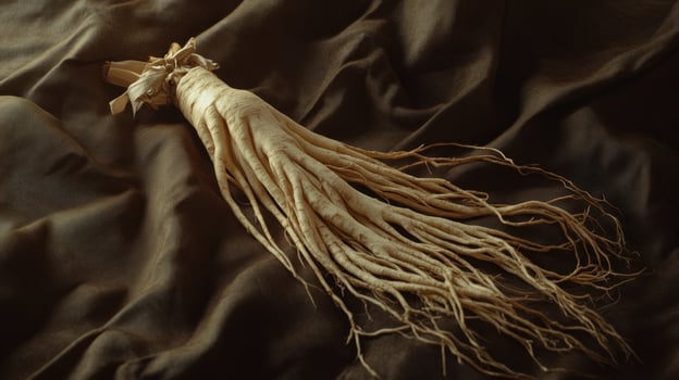 Ginseng root on dark fabric photo