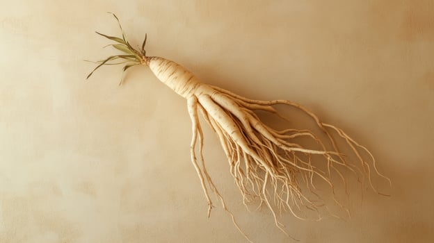 Ginseng root on light beige surface photo