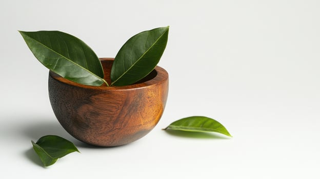 Wooden bowl with fresh leaves photo
