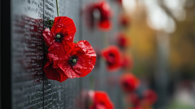 Remembrance poppies on a dark wall photo