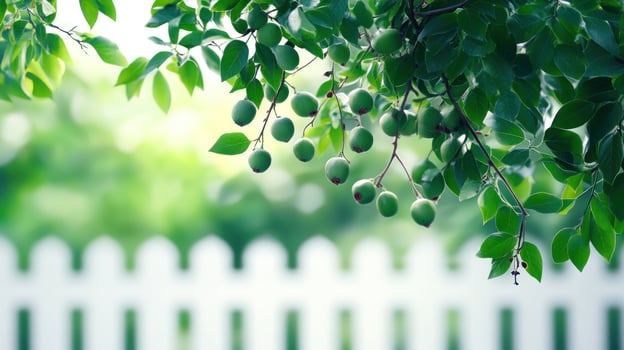 Green fruits on a tree branch in front of a white picket photo