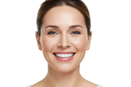 A pretty, joyfully smiling woman with her hair gathered up looks at the camera with satisfaction, being happy. Beauty and facial skin care concept. photo