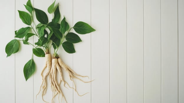 Fresh ginseng roots with leaves on white wood photo