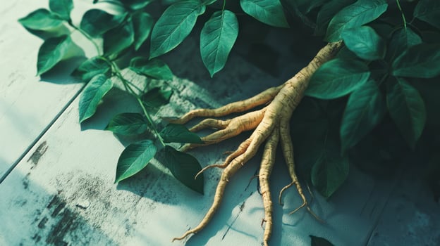 Ginseng root on a wooden table photo