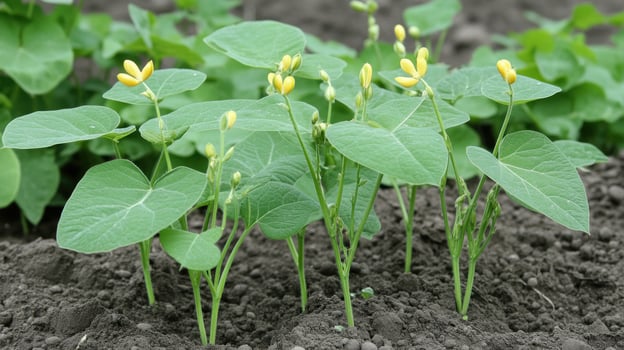 A field of yellow flowers growing in the dirt photo