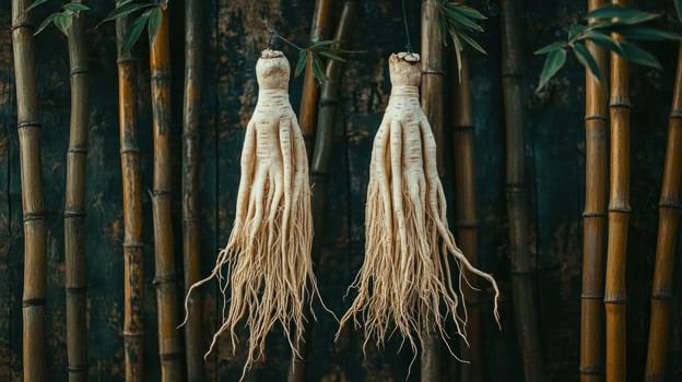 Two dried ginseng roots hang against a dark wooden backdrop surrounded by bamboo stalks photo