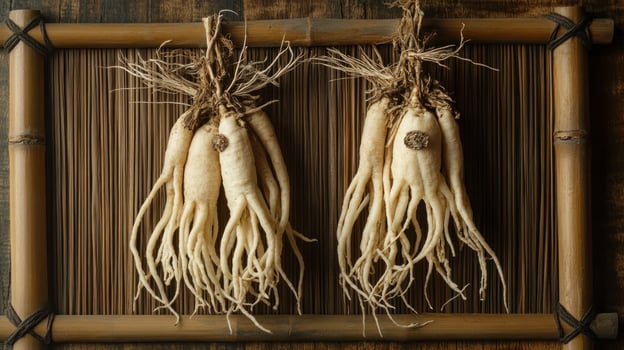 Two bunches of ginseng roots hanging on a woven mat photo