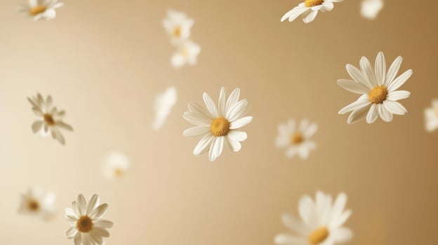 Delicate white daisies floating against a soft beige backdrop photo