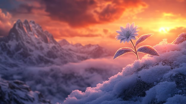 A flower is growing on top of a mountain photo