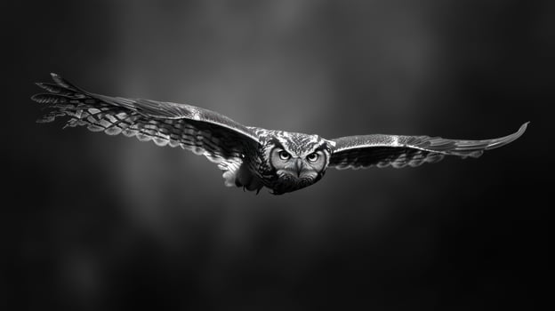 Black and white owl in flight photo