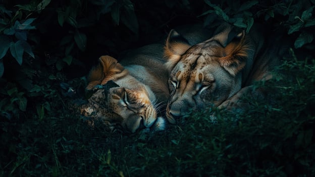 Two lions resting in lush foliage at night photo