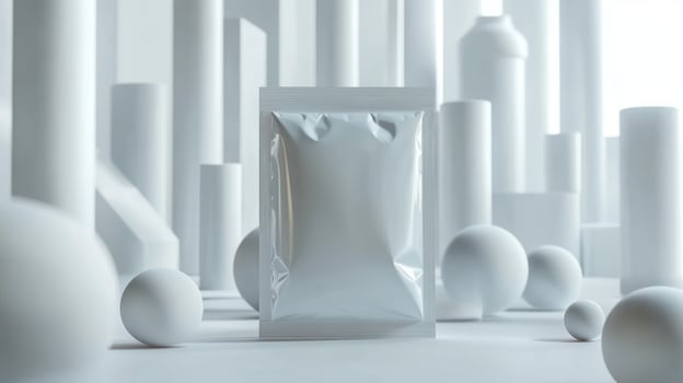 White pouch product mockup, amidst geometric shapes photo