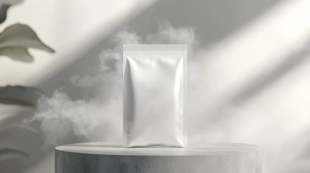 White product packaging mockup on a podium, illuminated by sunlight photo