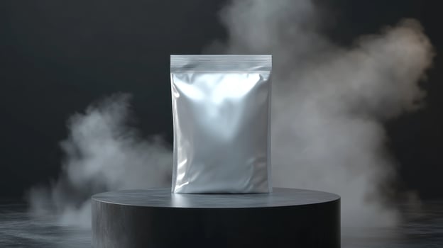 Metallic pouch on a dark pedestal amidst smoke photo