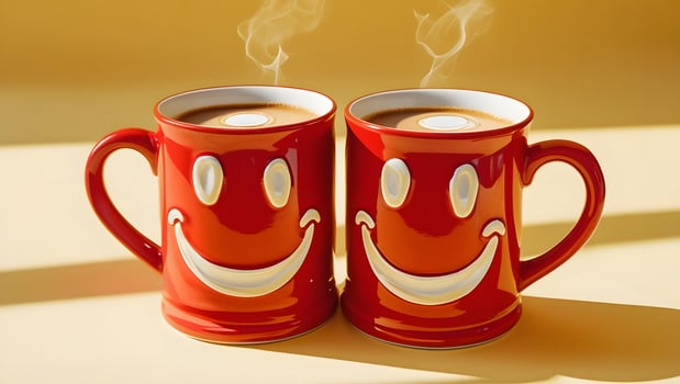 Happy smiling coffee mugs with steam, perfect for morning joy, friendship, or a cheerful start photo