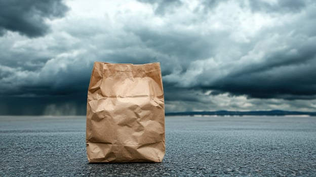 Brown paper bag on asphalt, stormy sky photo