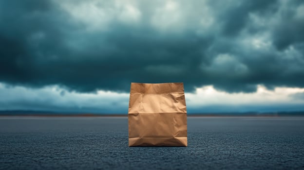 A brown paper bag on the ground in front of a stormy sky photo
