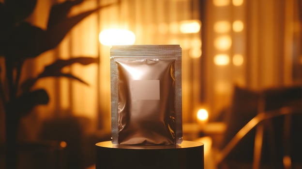 A metallic pouch sits on a dark pedestal in a dimly lit room photo