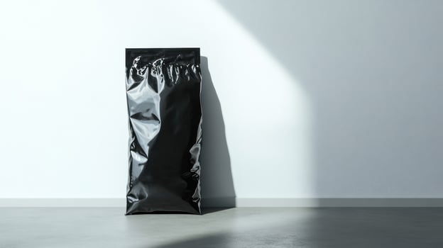 Black, glossy packaging against a white wall photo