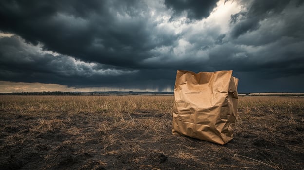 Brown paper bag in a vast field under a stormy sky photo
