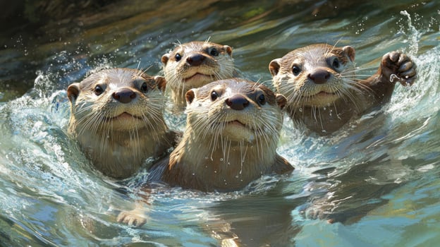 Four otters playfully interact in shallow water photo
