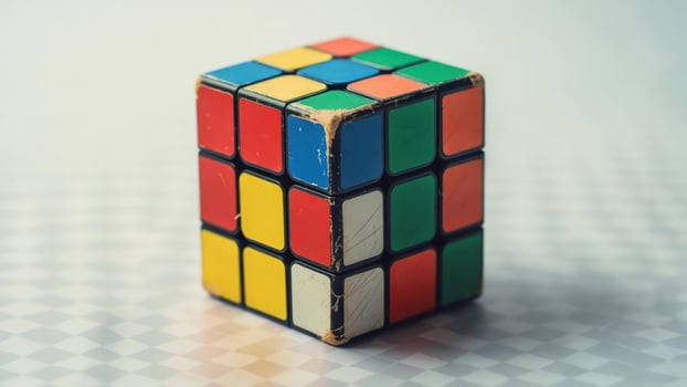 A well-worn, colorful cube puzzle rests on a checkered surface photo