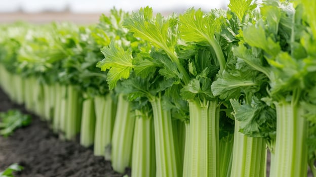 A row of celery plants growing in the field photo