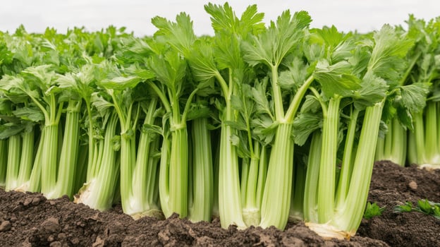 A field of celery plants growing in the dirt photo