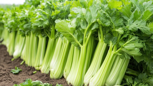 A row of celery plants in the field photo
