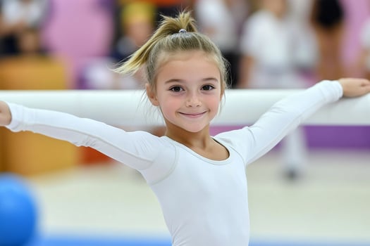 A little girl in a gymnastics uniform is smiling photo