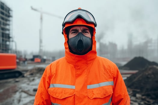 A man in an orange safety suit and gas mask photo