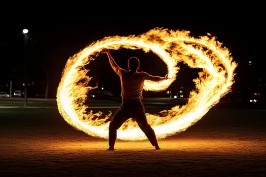 A man is spinning a fire ring in the dark photo