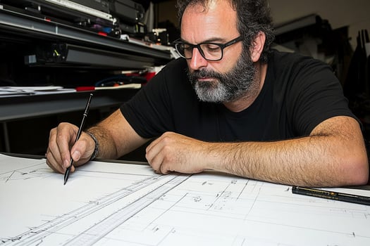 A man with glasses and a beard is working on a drawing photo