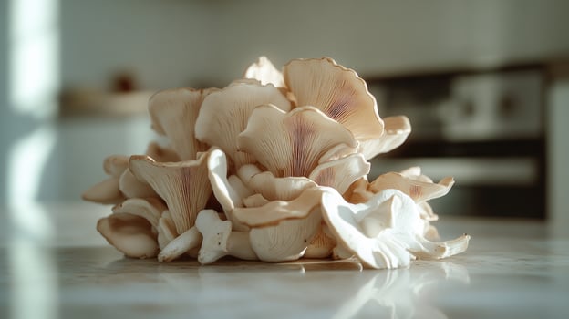 A close up of a bunch of mushrooms on a counter photo