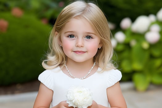 A little girl in a white dress holding a flower photo
