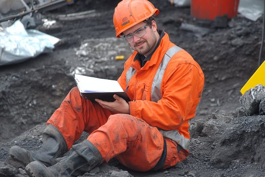 A man in an orange uniform sitting on the ground photo