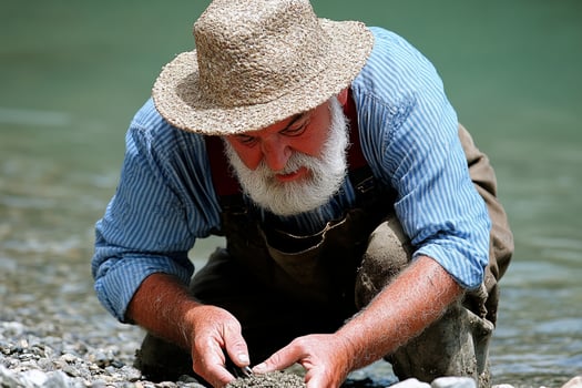 An old man with a hat and beard is digging in the water photo